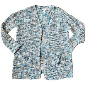 Rachel Zoe Popcorn Knit Open‎ Front Oversize Cardigan Sweater Womens L Blue Pink